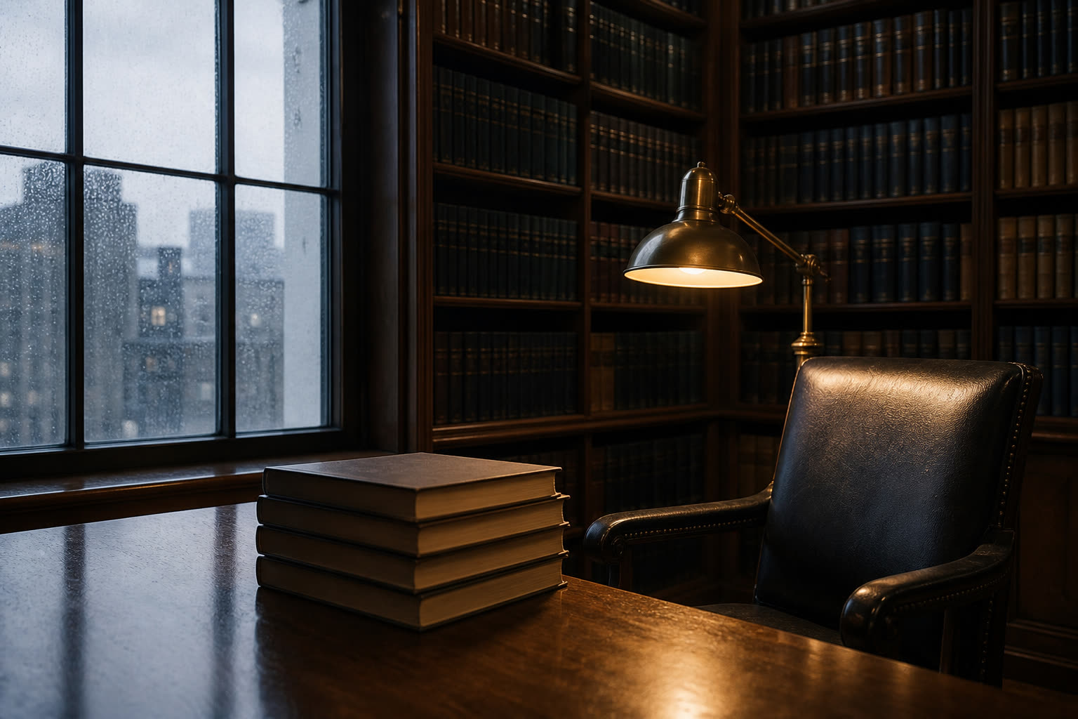 Biblioteca jurídica con un espacio de lectura