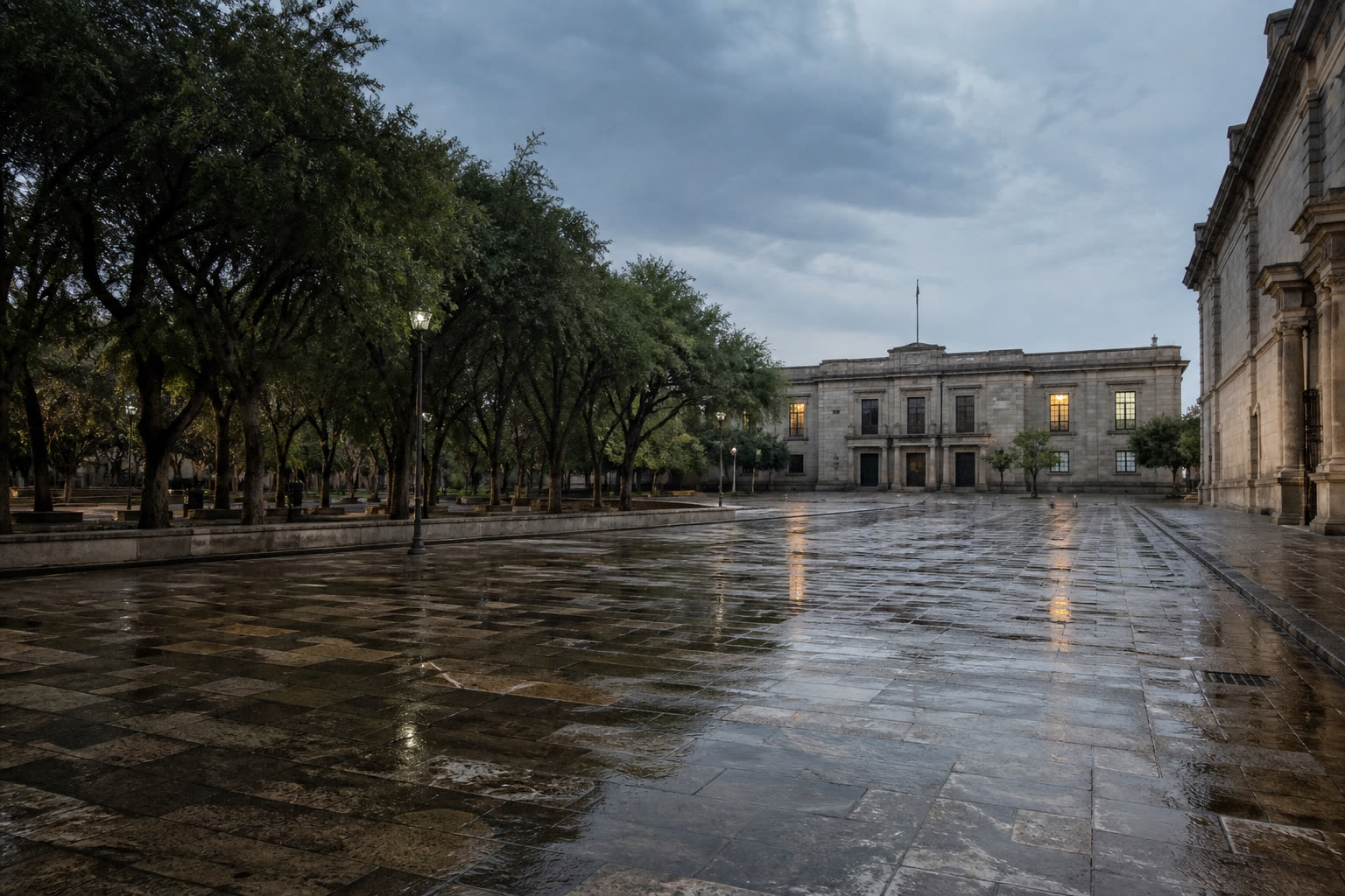 Plaza judicial mexicana después de la lluvia