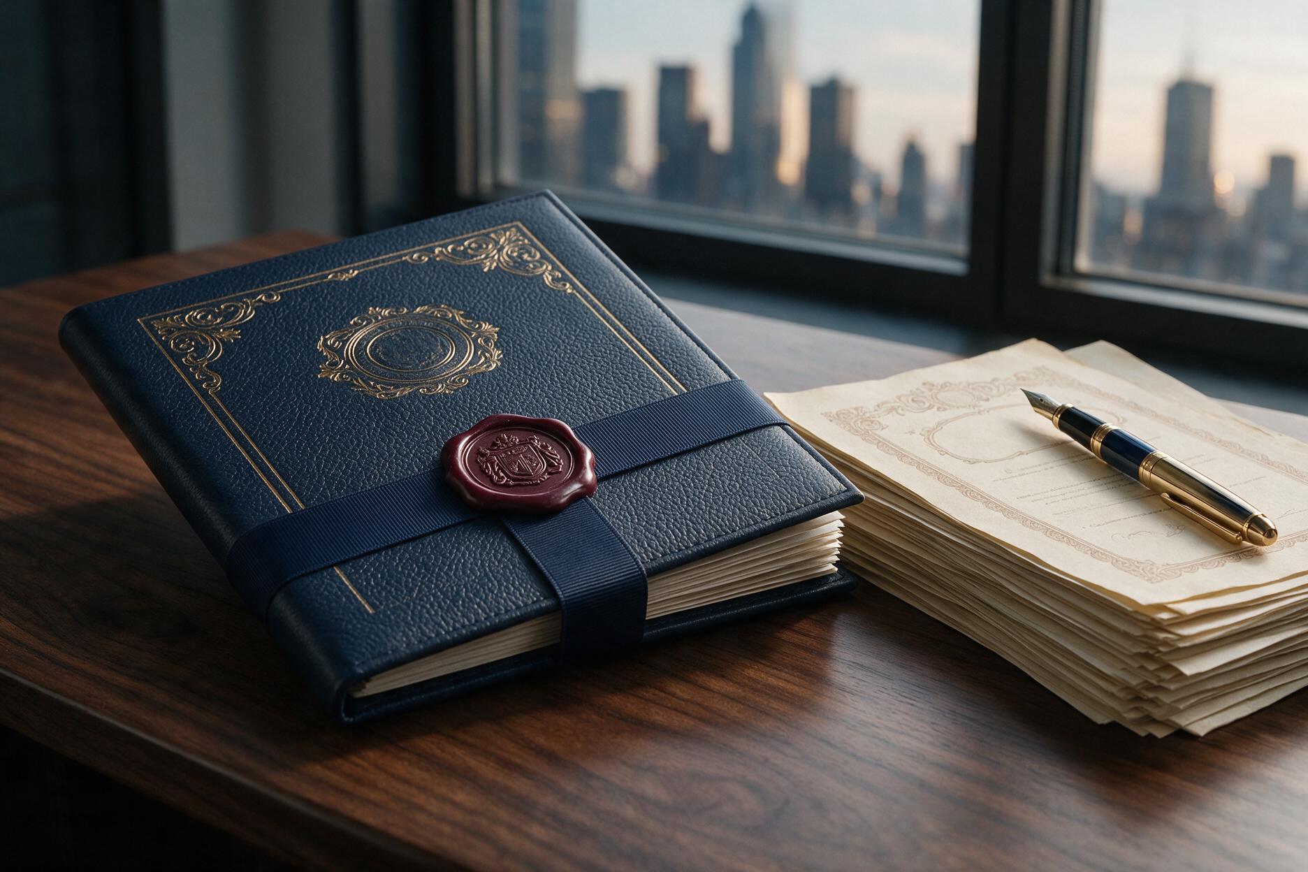 Carpeta de permisos con sello ante vista de ciudad